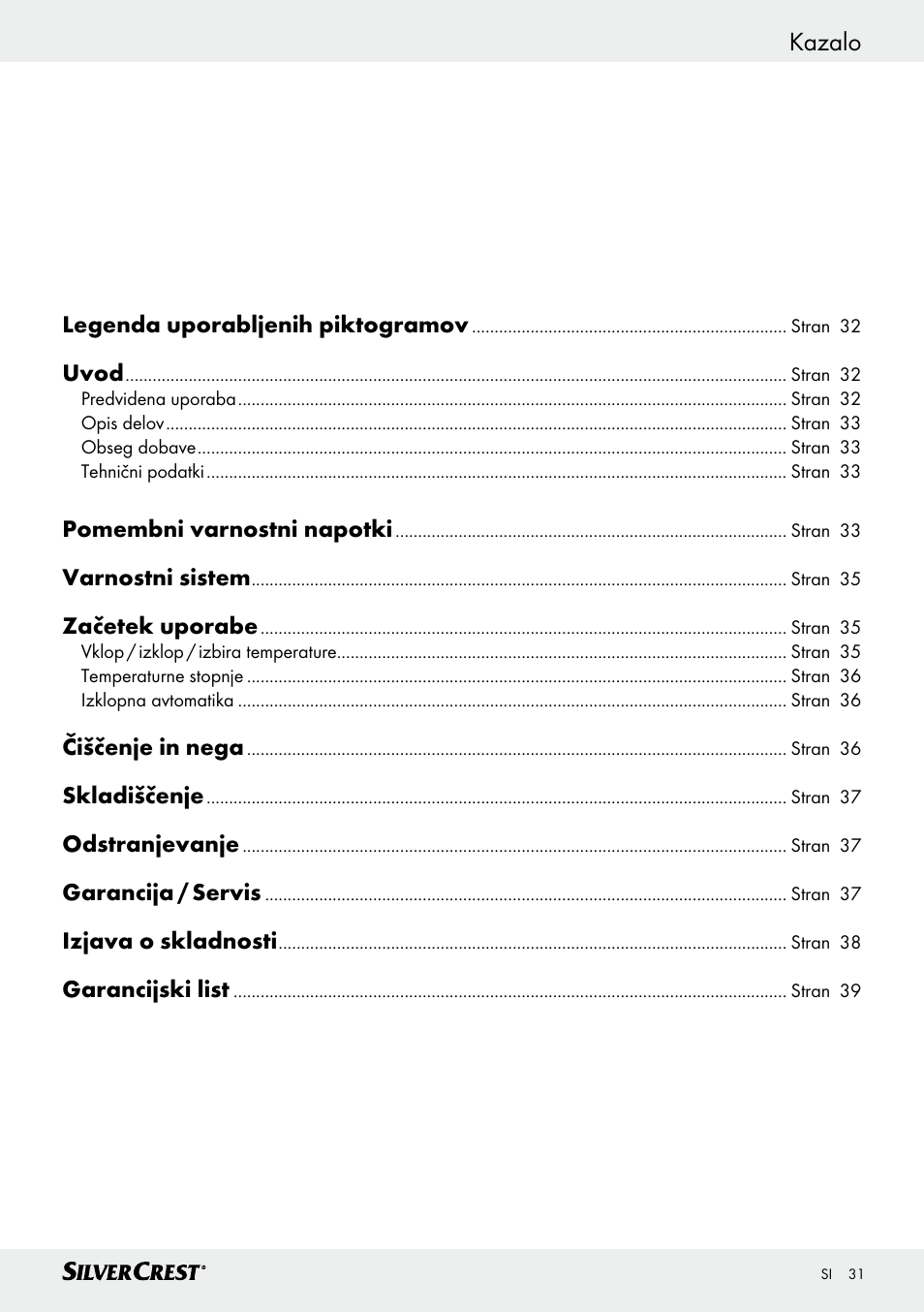 Garancia / szerviz / konformitásnyilatkozat kazalo | Silvercrest SFW 100 B2 User Manual | Page 31 / 65