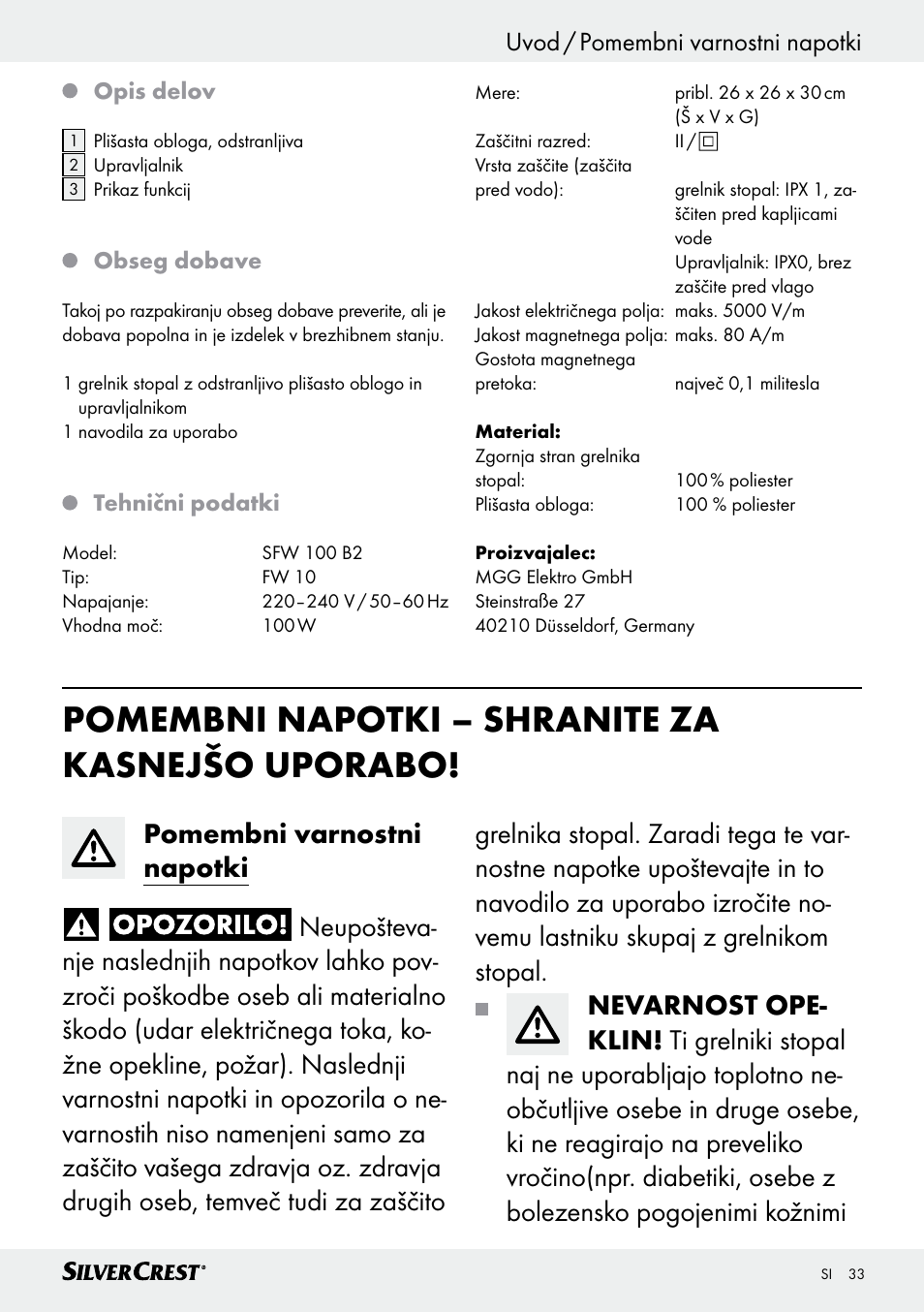 Pomembni napotki – shranite za kasnejšo uporabo, Uvod / pomembni varnostni napotki | Silvercrest SFW 100 B2 User Manual | Page 33 / 65
