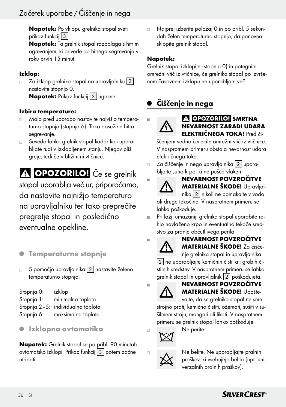 Začetek uporabe / čiščenje in nega, Temperaturne stopnje, Izklopna avtomatika | Čiščenje in nega | Silvercrest SFW 100 B2 User Manual | Page 36 / 65