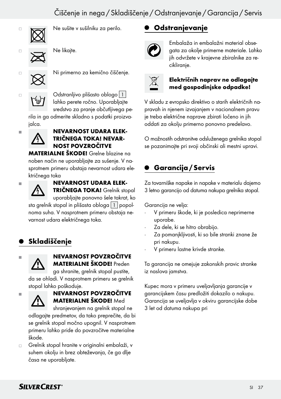 Skladiščenje, Odstranjevanje, Garancija / servis | Silvercrest SFW 100 B2 User Manual | Page 37 / 65