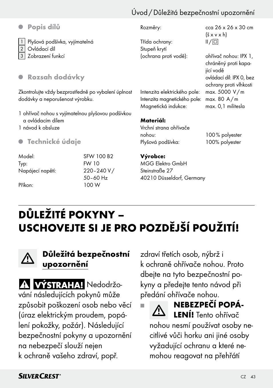 Úvod / důležitá bezpečnostní upozornění | Silvercrest SFW 100 B2 User Manual | Page 43 / 65