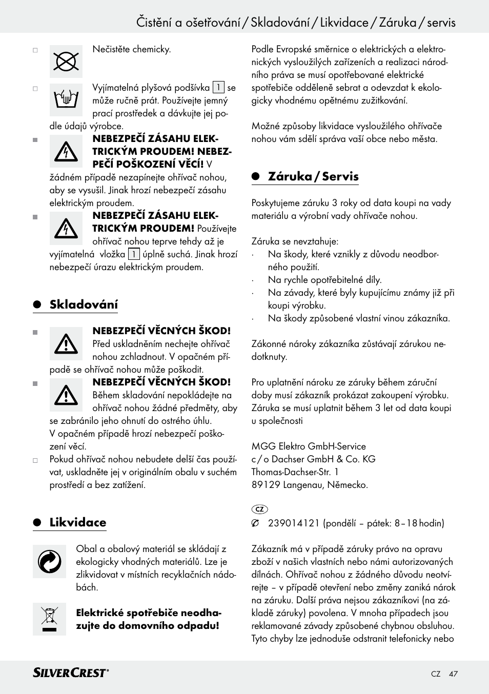 Skladování, Likvidace, Záruka / servis | Silvercrest SFW 100 B2 User Manual | Page 47 / 65