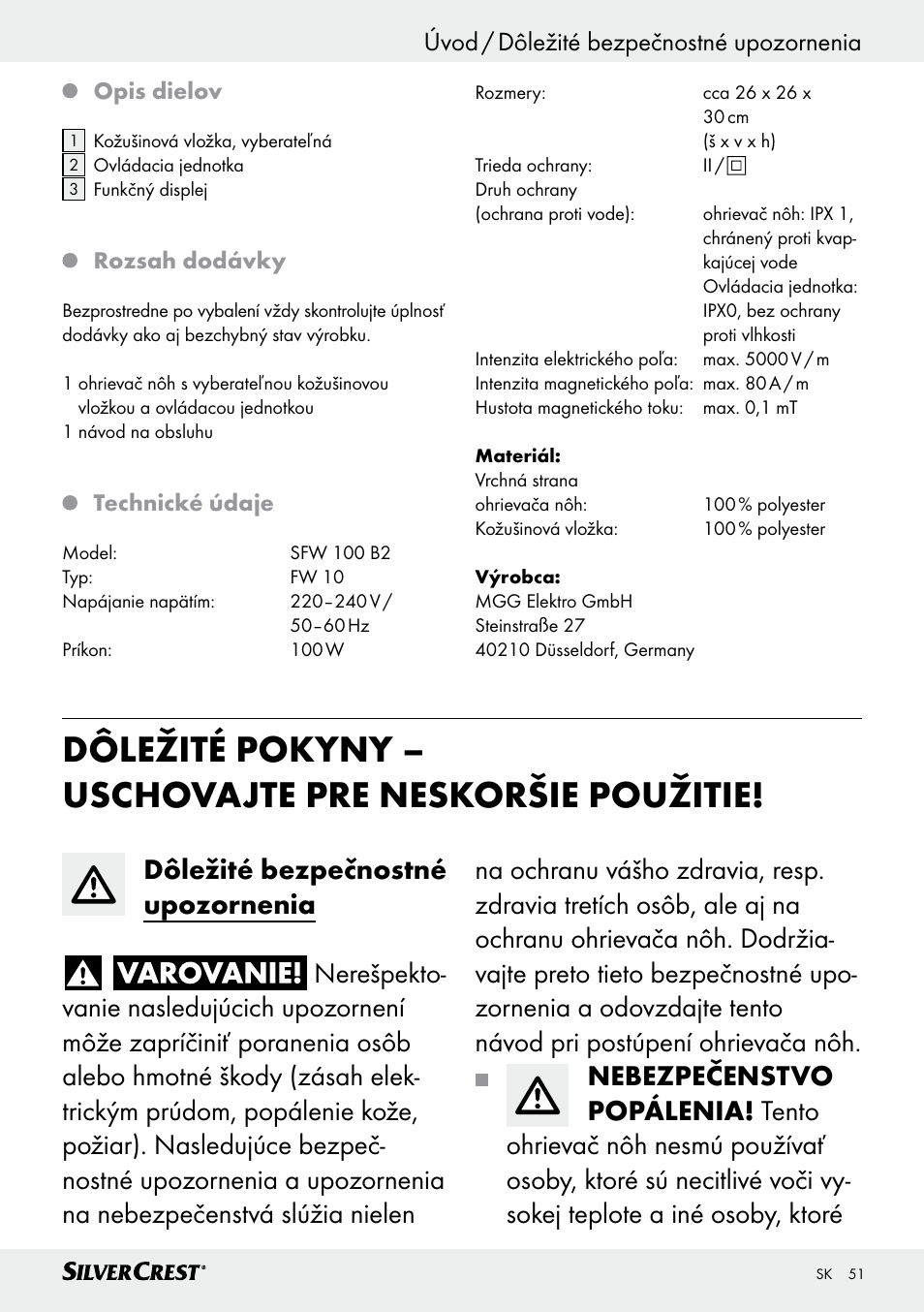 Úvod / dôležité bezpečnostné upozornenia | Silvercrest SFW 100 B2 User Manual | Page 51 / 65