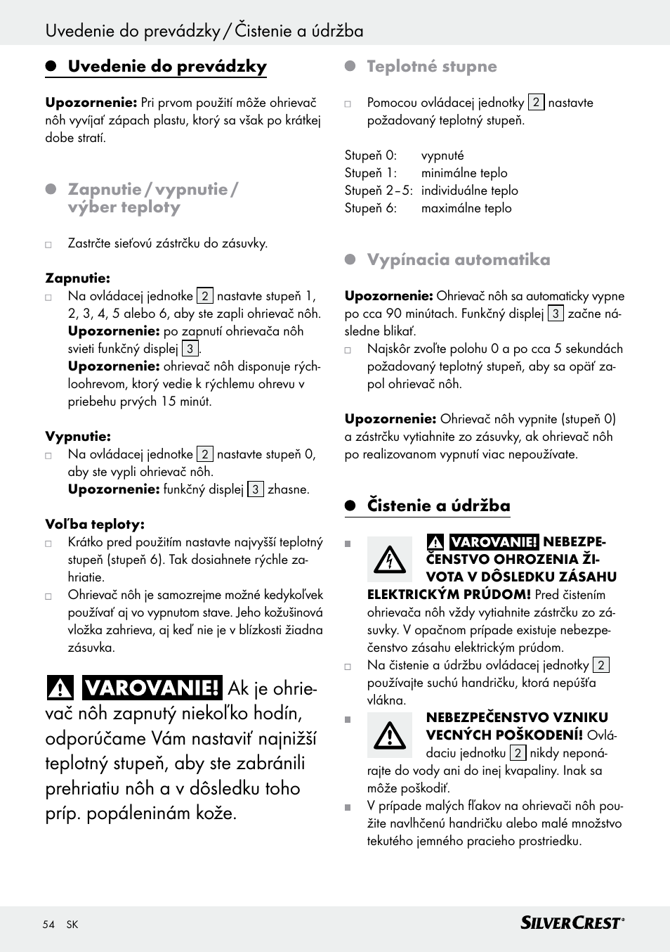 Uvedenie do prevádzky / čistenie a údržba, Uvedenie do prevádzky, Zapnutie / vypnutie / výber teploty | Teplotné stupne, Vypínacia automatika, Čistenie a údržba | Silvercrest SFW 100 B2 User Manual | Page 54 / 65
