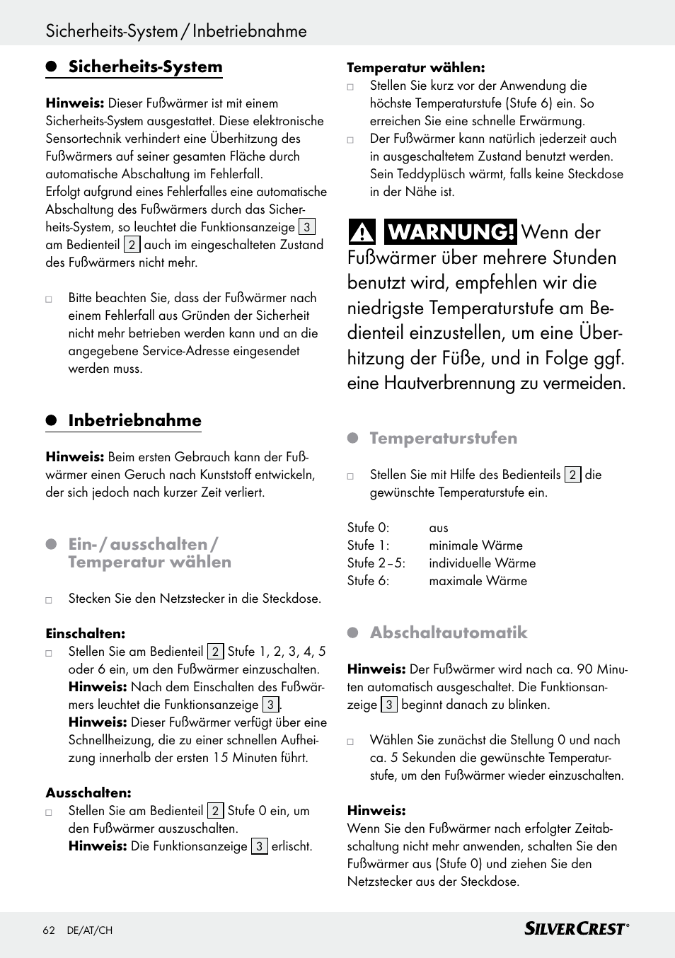 Sicherheits-system, Inbetriebnahme, Ein- / ausschalten / temperatur wählen | Temperaturstufen, Abschaltautomatik | Silvercrest SFW 100 B2 User Manual | Page 62 / 65