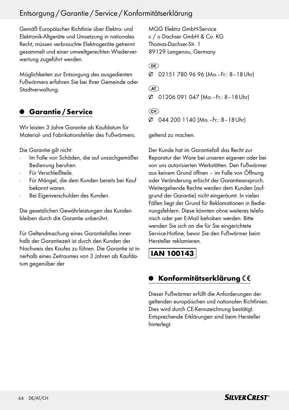 Garantie / service | Silvercrest SFW 100 B2 User Manual | Page 64 / 65