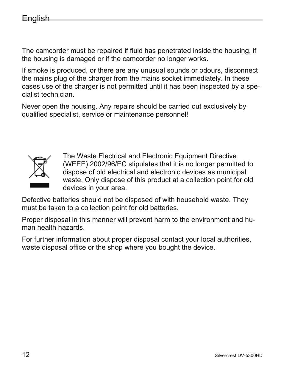 8 repair, 9 disposal of old devices, Repair | Disposal of old devices, English | Silvercrest DV-5300HD User Manual | Page 14 / 58