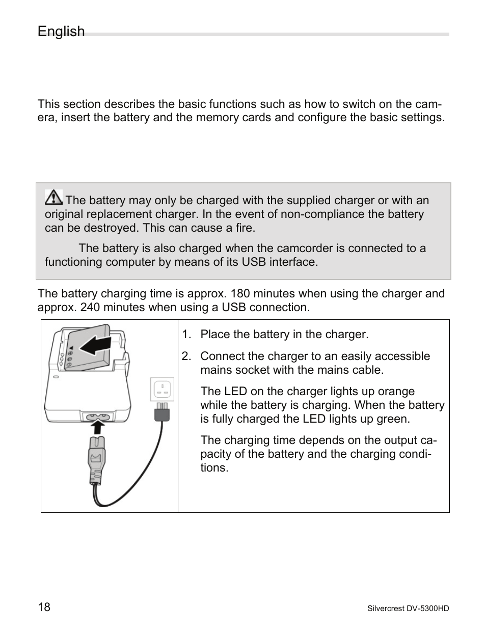 5 start-up and configuration, 1 step 1: charge the battery, Start-up and configuration | Step 1: charge the battery, English | Silvercrest DV-5300HD User Manual | Page 20 / 58