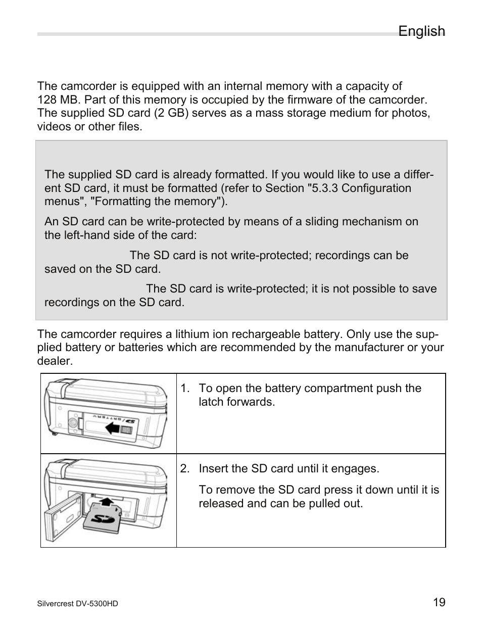 2 step 2: insert the sd card and battery, Step 2: insert the sd card and battery, English | Silvercrest DV-5300HD User Manual | Page 21 / 58