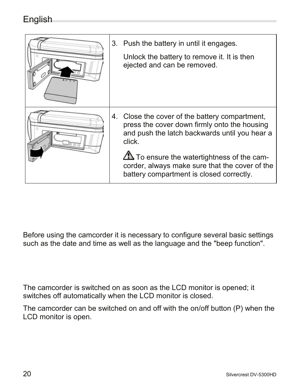 1 switching the camcorder on and off, Switching the camcorder on and off, English | Silvercrest DV-5300HD User Manual | Page 22 / 58