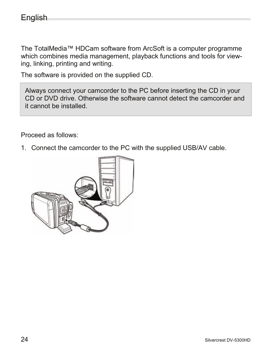 4 step 4: install the "totalmedia™ hdcam" software, Step 4: install the "totalmedia™ hdcam" software, English | Silvercrest DV-5300HD User Manual | Page 26 / 58