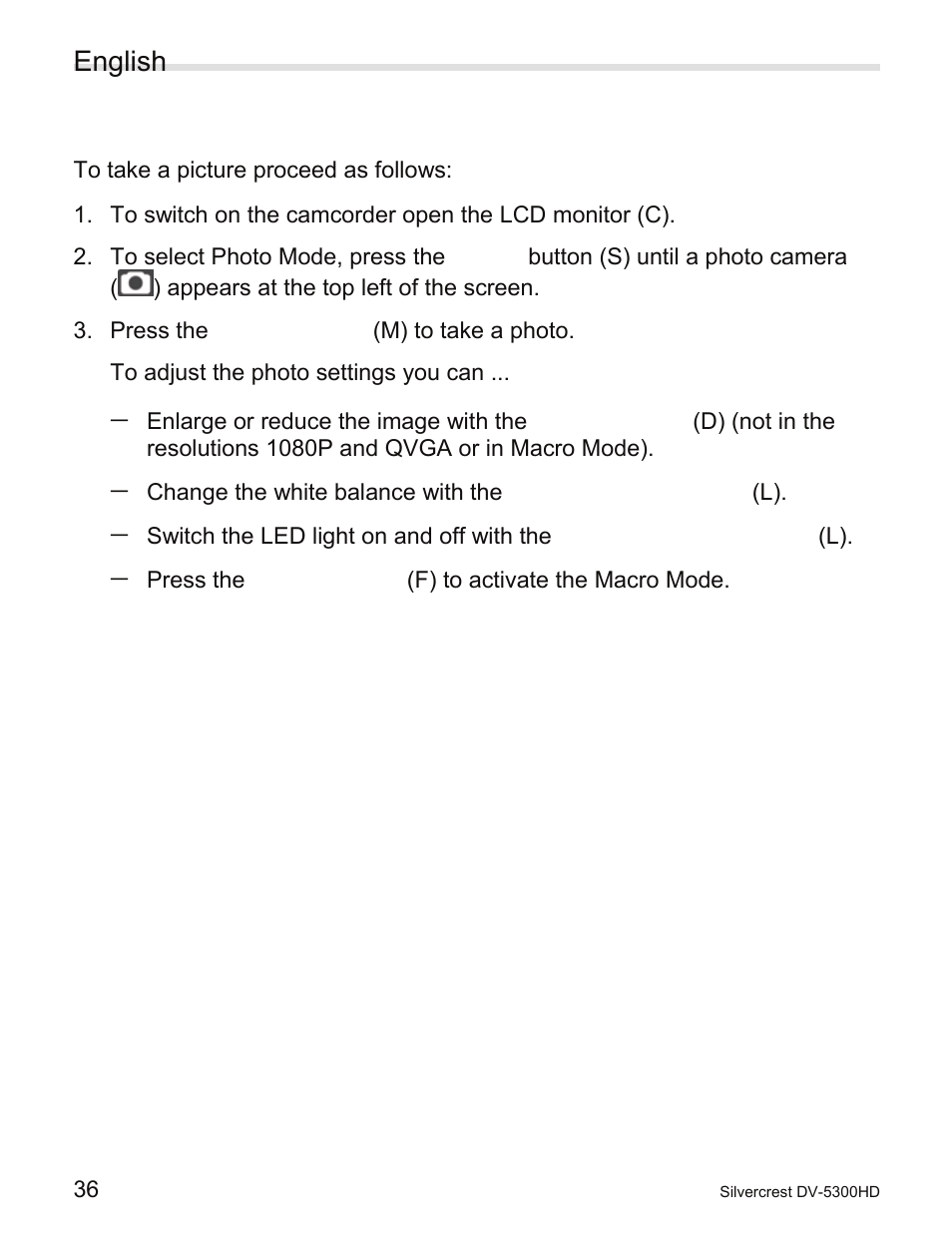 5 taking pictures, Taking pictures | Silvercrest DV-5300HD User Manual | Page 38 / 58