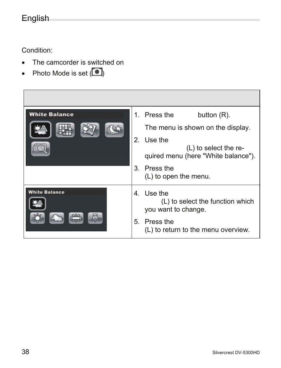 2 photo recording menus, Photo recording menus, English | Silvercrest DV-5300HD User Manual | Page 40 / 58