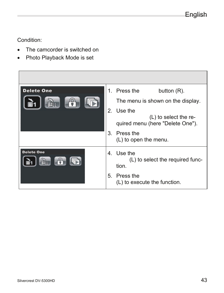 2 photo playback menus, Photo playback menus, English | Silvercrest DV-5300HD User Manual | Page 45 / 58