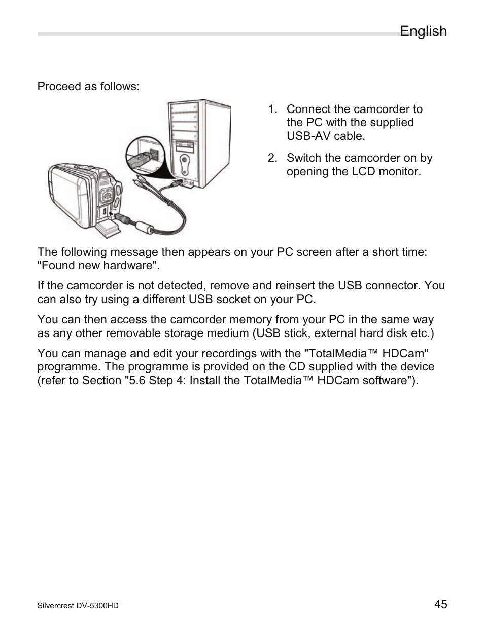 7 uploading recordings to a pc, Uploading recordings to a pc, English | Silvercrest DV-5300HD User Manual | Page 47 / 58