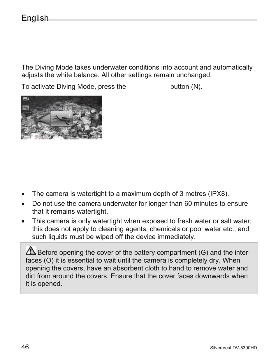 8 diving with the camcorder, 1 diving mode, 2 important notes | Watertightness, Diving with the camcorder, Diving mode, Important notes, English | Silvercrest DV-5300HD User Manual | Page 48 / 58