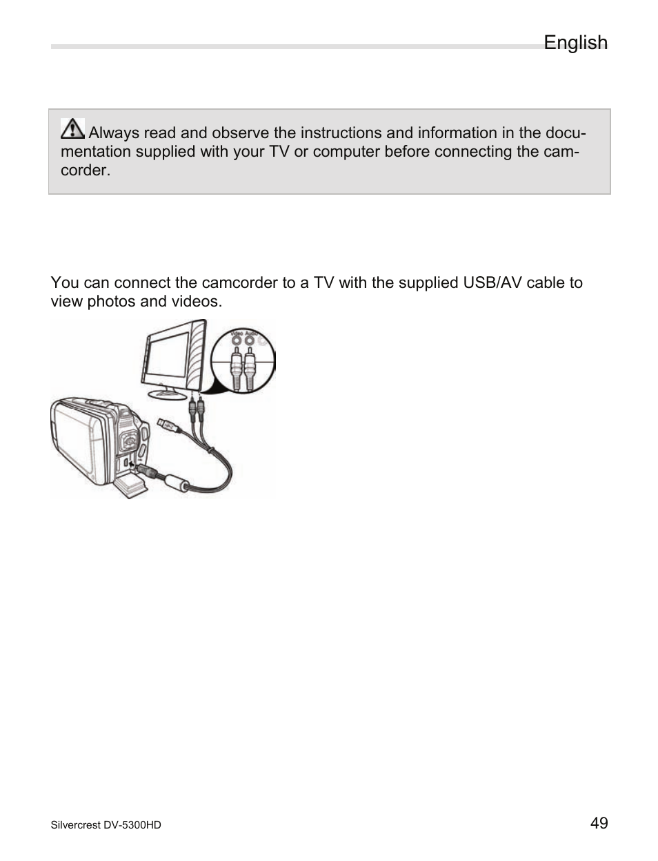 9 connecting the camcorder to a tv or computer, 1 connecting to a tv (av cable), Connecting the camcorder to a tv or computer | Connecting to a tv (av cable), English | Silvercrest DV-5300HD User Manual | Page 51 / 58