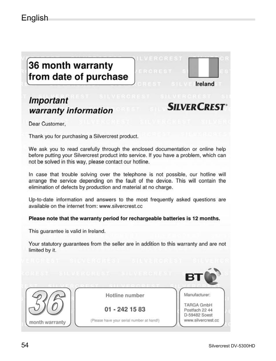 English | Silvercrest DV-5300HD User Manual | Page 56 / 58