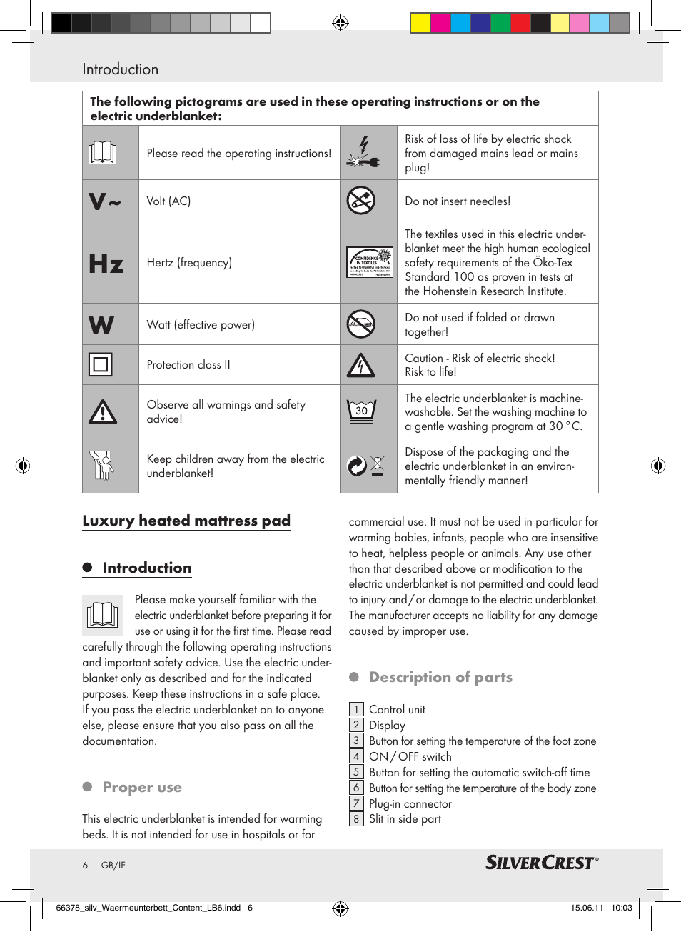 Introduction | Silvercrest Luxury Heated Mattress Pad User Manual | Page 2 / 8