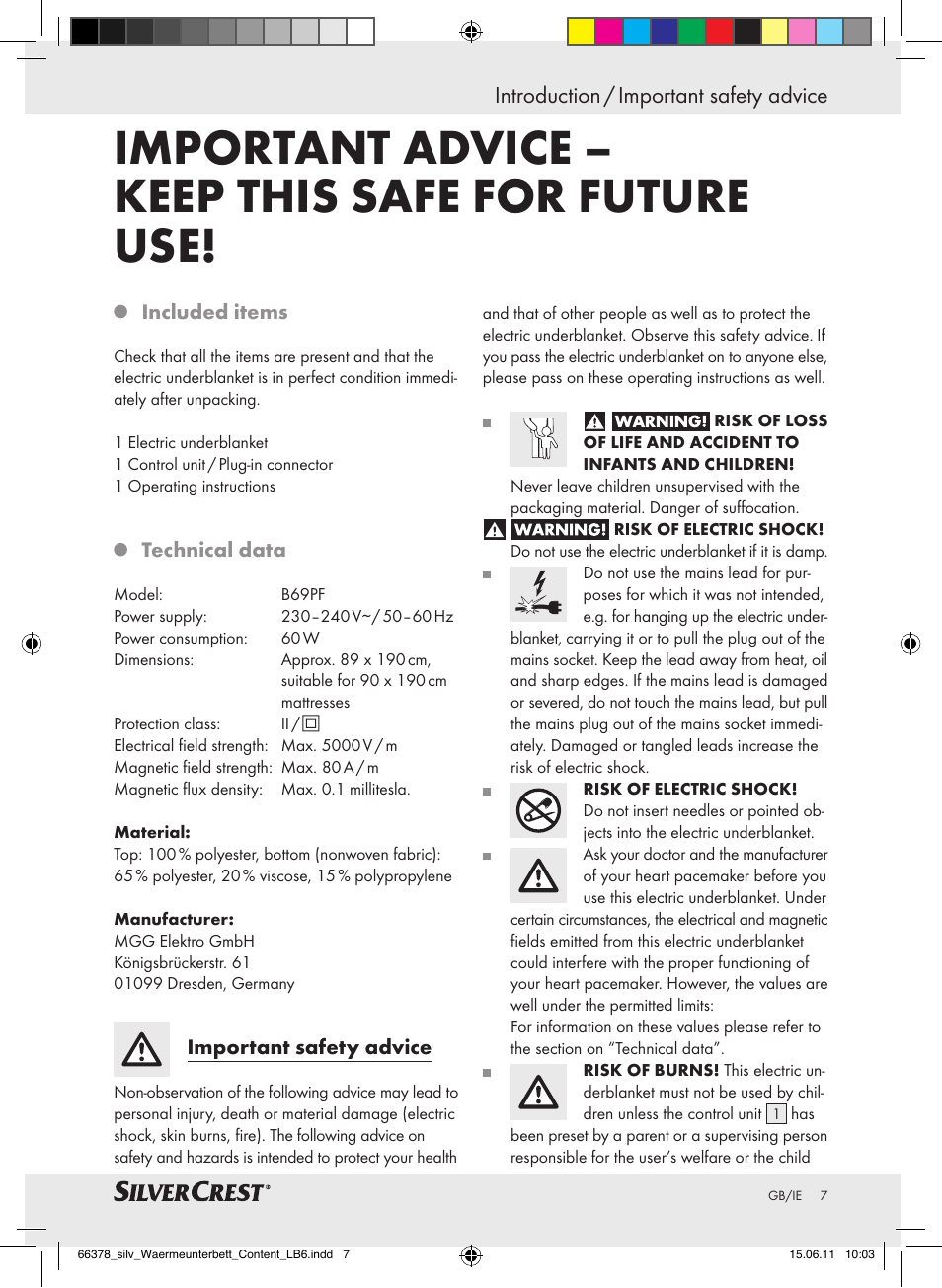 Important advice – keep this safe for future use, Introduction / important safety advice | Silvercrest Luxury Heated Mattress Pad User Manual | Page 3 / 8