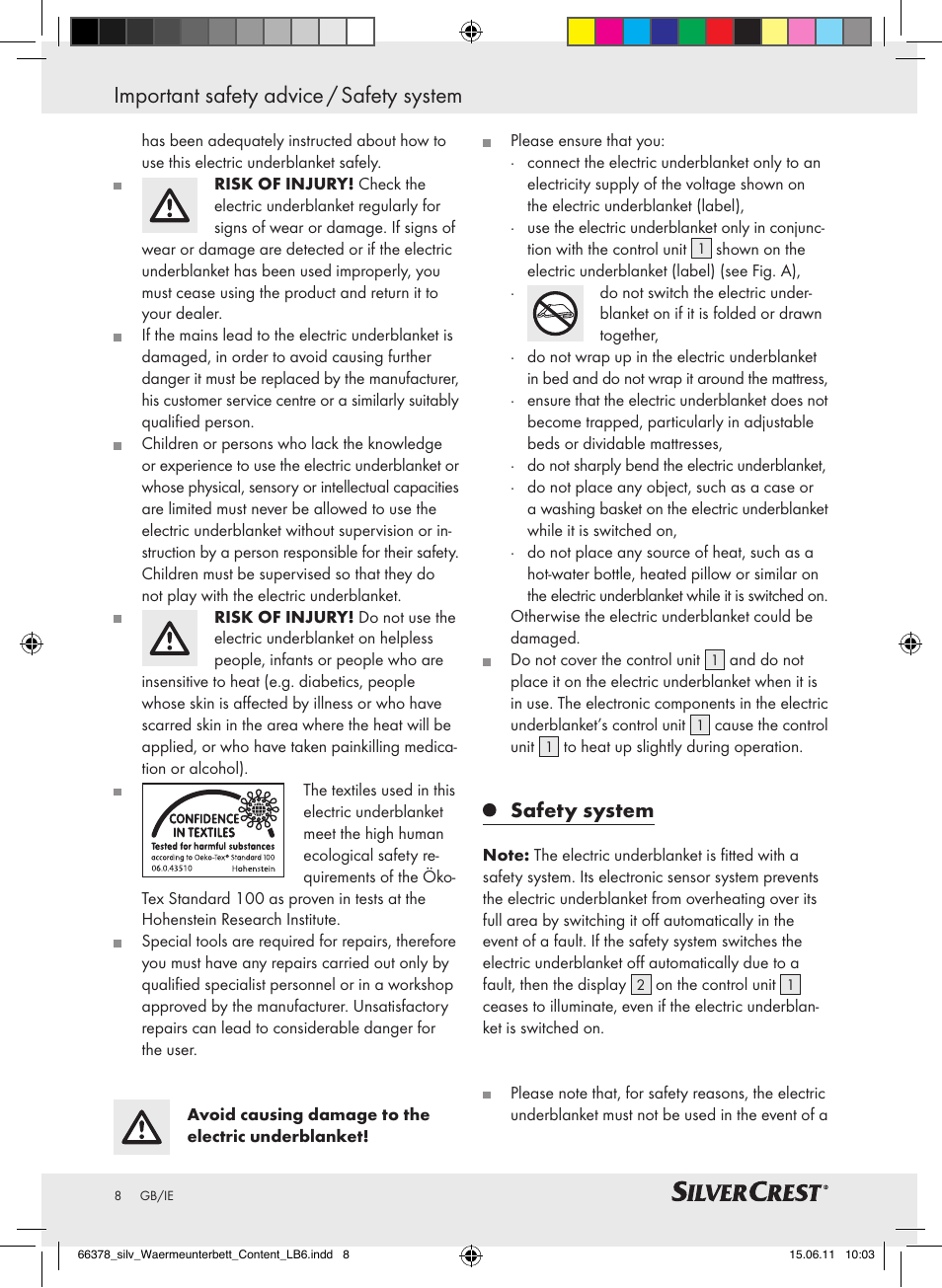 Important safety advice / safety system, Safety system | Silvercrest Luxury Heated Mattress Pad User Manual | Page 4 / 8