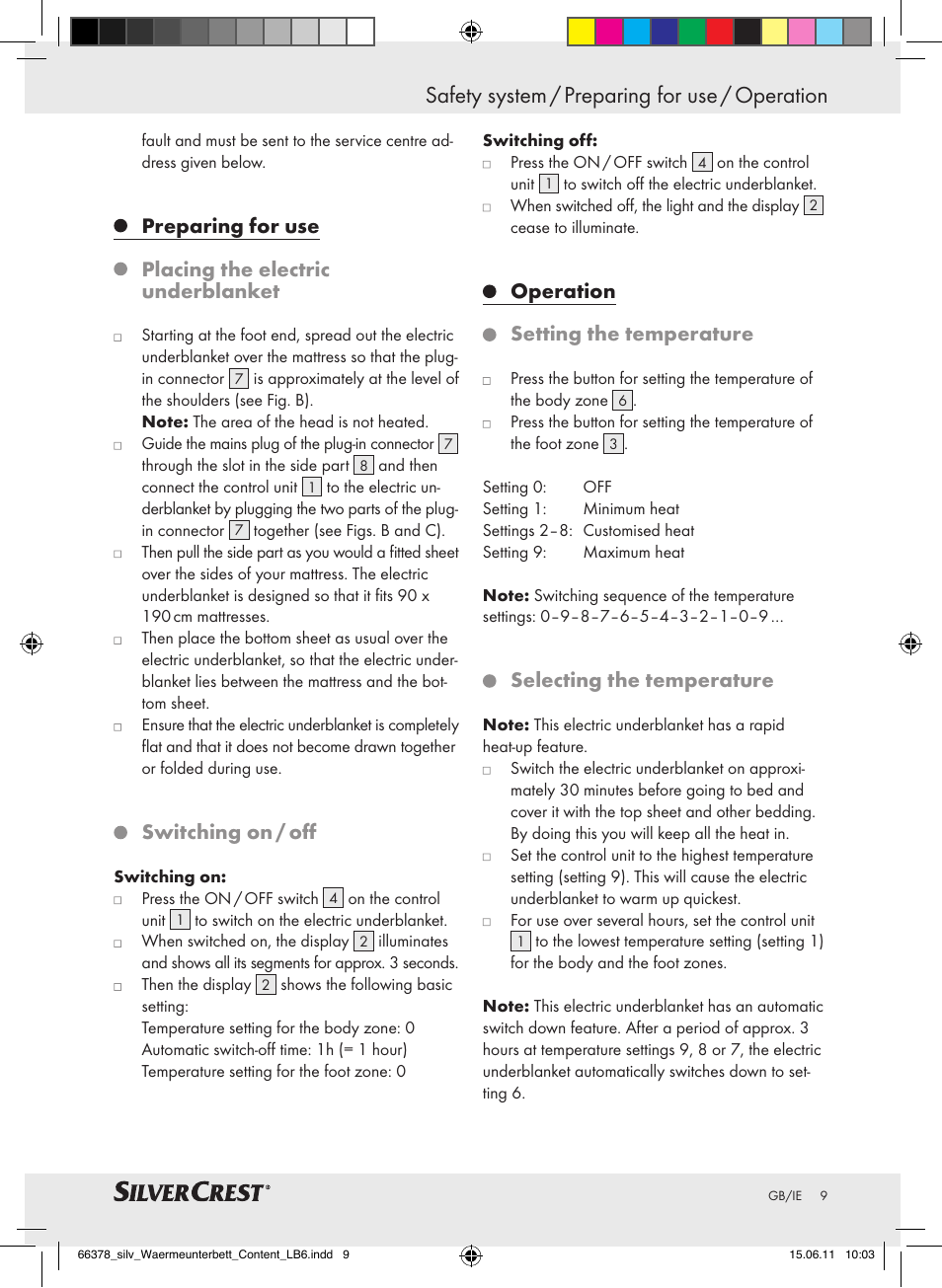 Safety system / preparing for use / operation, Switching on / off, Operation setting the temperature | Selecting the temperature | Silvercrest Luxury Heated Mattress Pad User Manual | Page 5 / 8