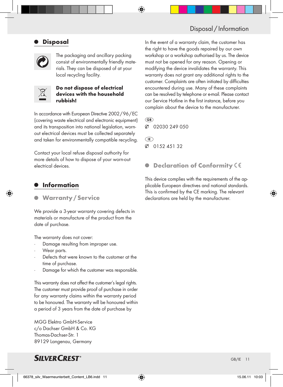 Disposal / information, Disposal, Information warranty / service | Declaration of conformity | Silvercrest Luxury Heated Mattress Pad User Manual | Page 7 / 8