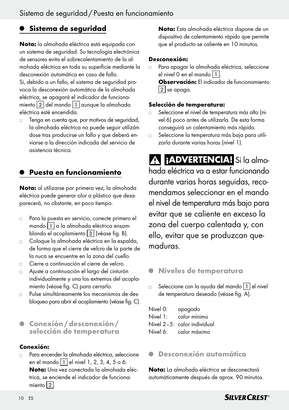 Sistema de seguridad, Puesta en funcionamiento, Conexión / desconexión / selección de temperatura | Niveles de temperatura, Desconexión automática | Silvercrest SRNH 100 C2 User Manual | Page 10 / 39