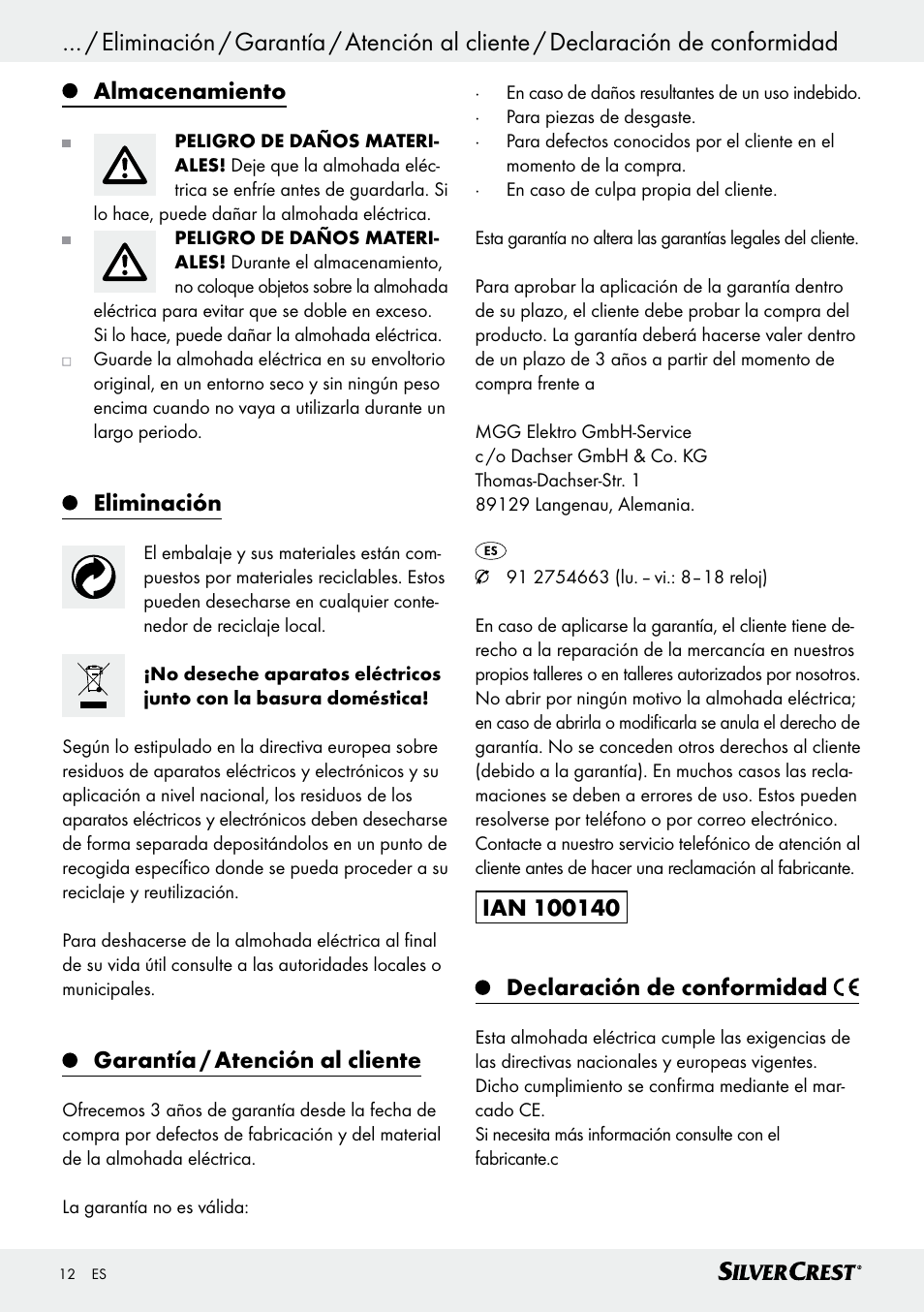 Indice, Almacenamiento, Eliminación | Garantía / atención al cliente | Silvercrest SRNH 100 C2 User Manual | Page 12 / 39