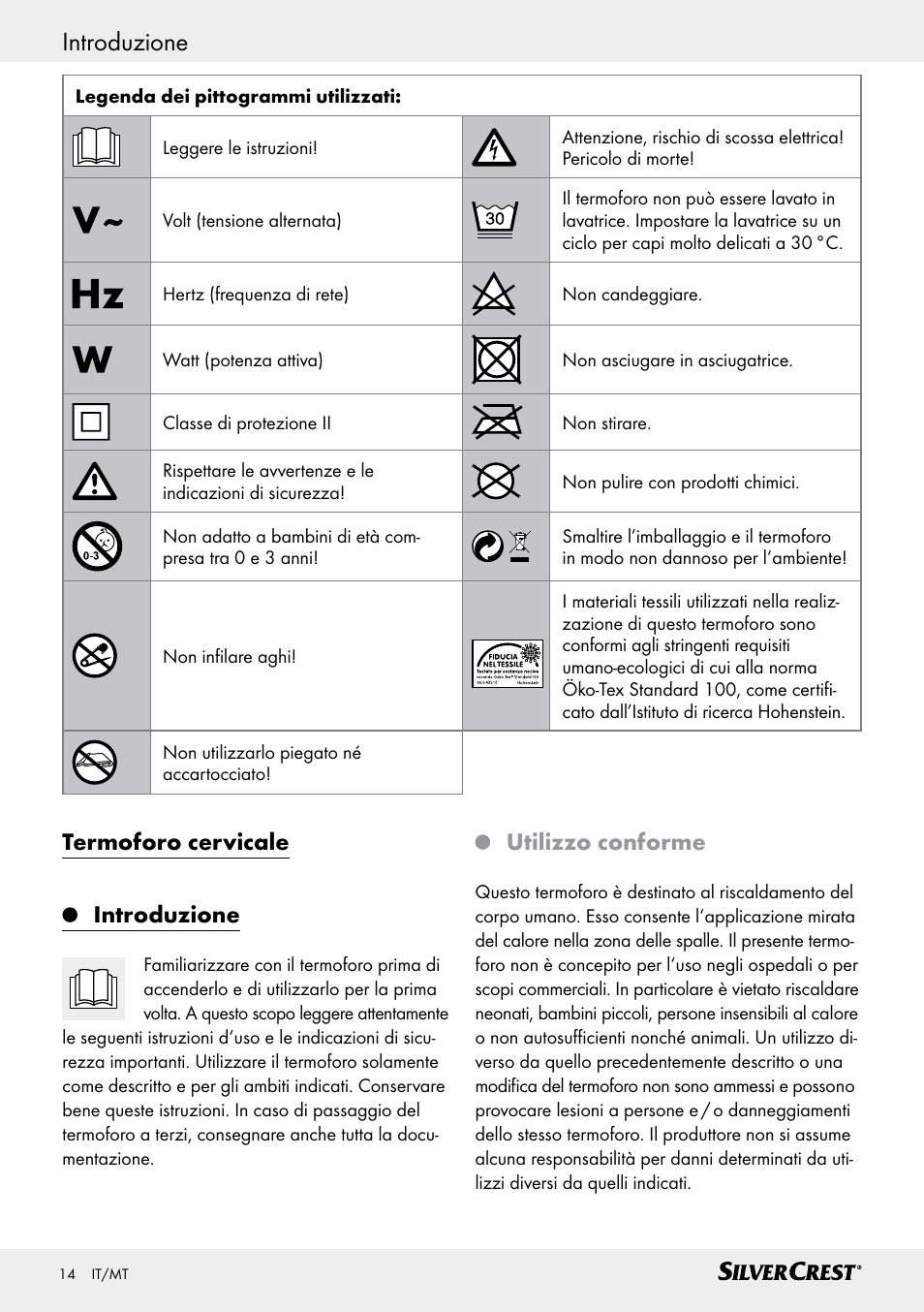 Introduzione, Introduzione / importanti indicazioni di sicurezza, Termoforo cervicale introduzione | Utilizzo conforme | Silvercrest SRNH 100 C2 User Manual | Page 14 / 39
