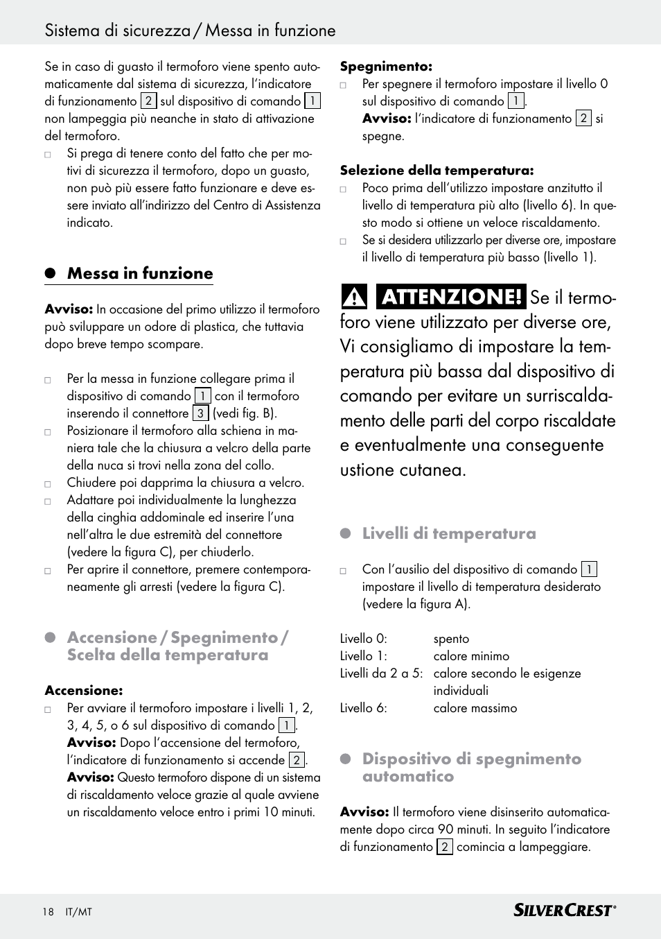 Messa in funzione, Livelli di temperatura, Dispositivo di spegnimento automatico | Silvercrest SRNH 100 C2 User Manual | Page 18 / 39