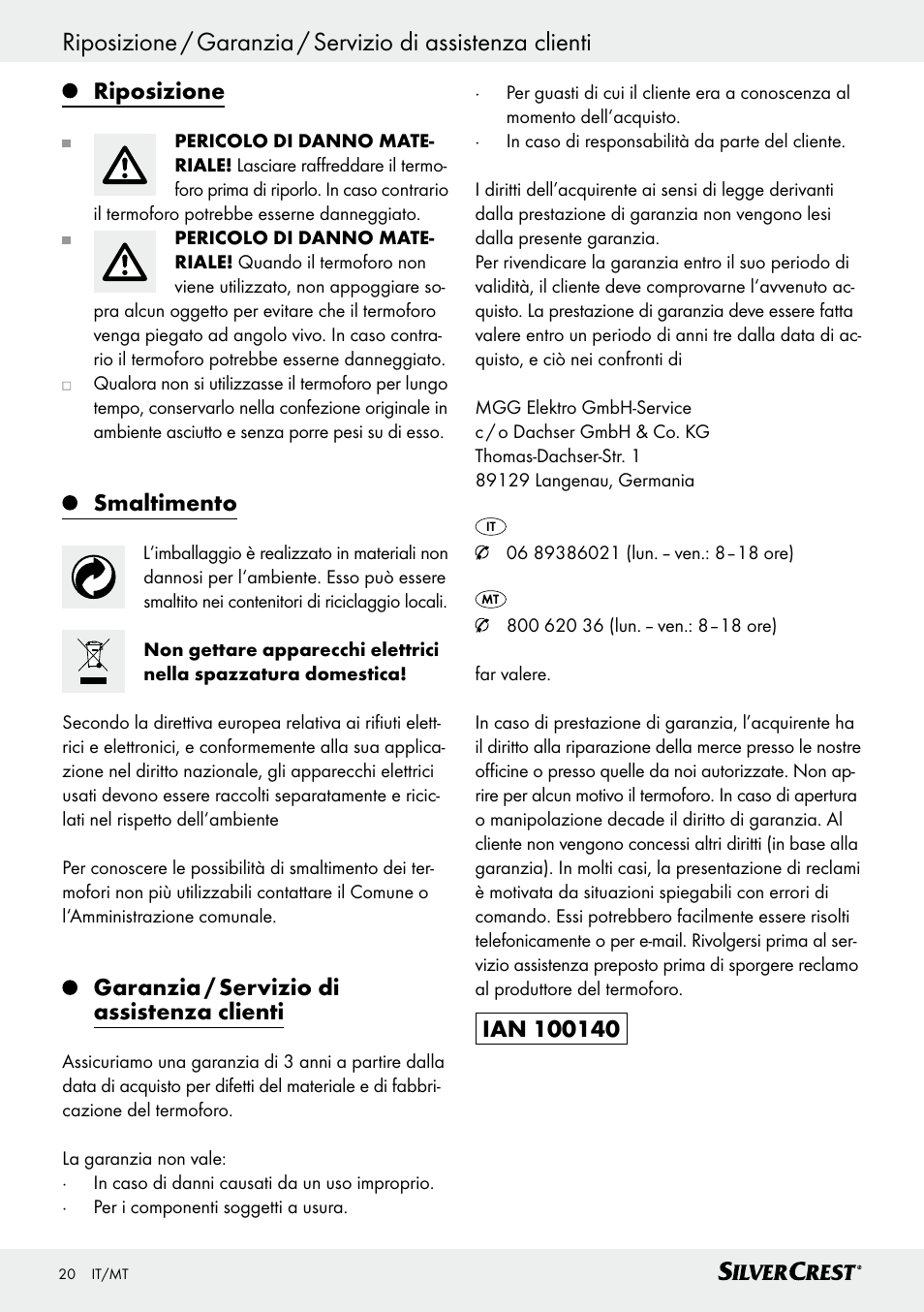 Dichiarazione di conformità, Riposizione, Smaltimento | Garanzia / servizio di assistenza clienti | Silvercrest SRNH 100 C2 User Manual | Page 20 / 39