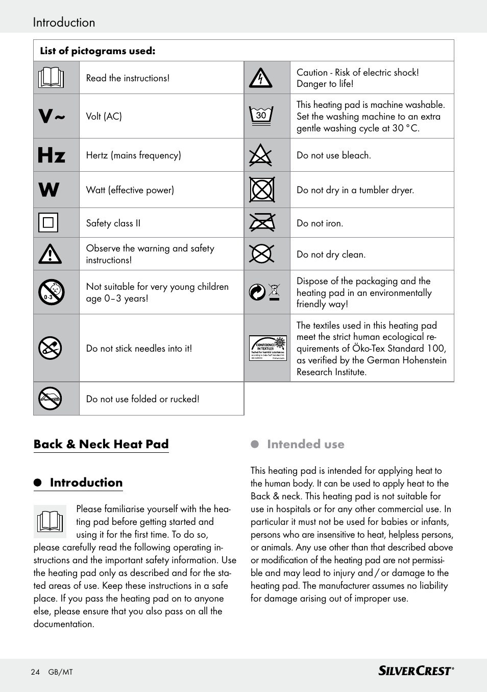 Introduction, Introduction / important safety instructions, Back & neck heat pad introduction | Intended use | Silvercrest SRNH 100 C2 User Manual | Page 24 / 39