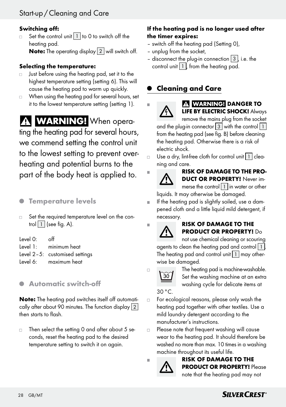 Temperature levels, Automatic switch­off, Cleaning and care | Silvercrest SRNH 100 C2 User Manual | Page 28 / 39