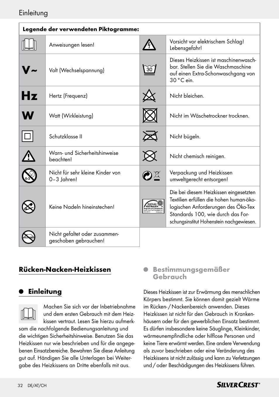 Rücken­nacken­heizkissen einleitung, Bestimmungsgemäßer gebrauch | Silvercrest SRNH 100 C2 User Manual | Page 32 / 39