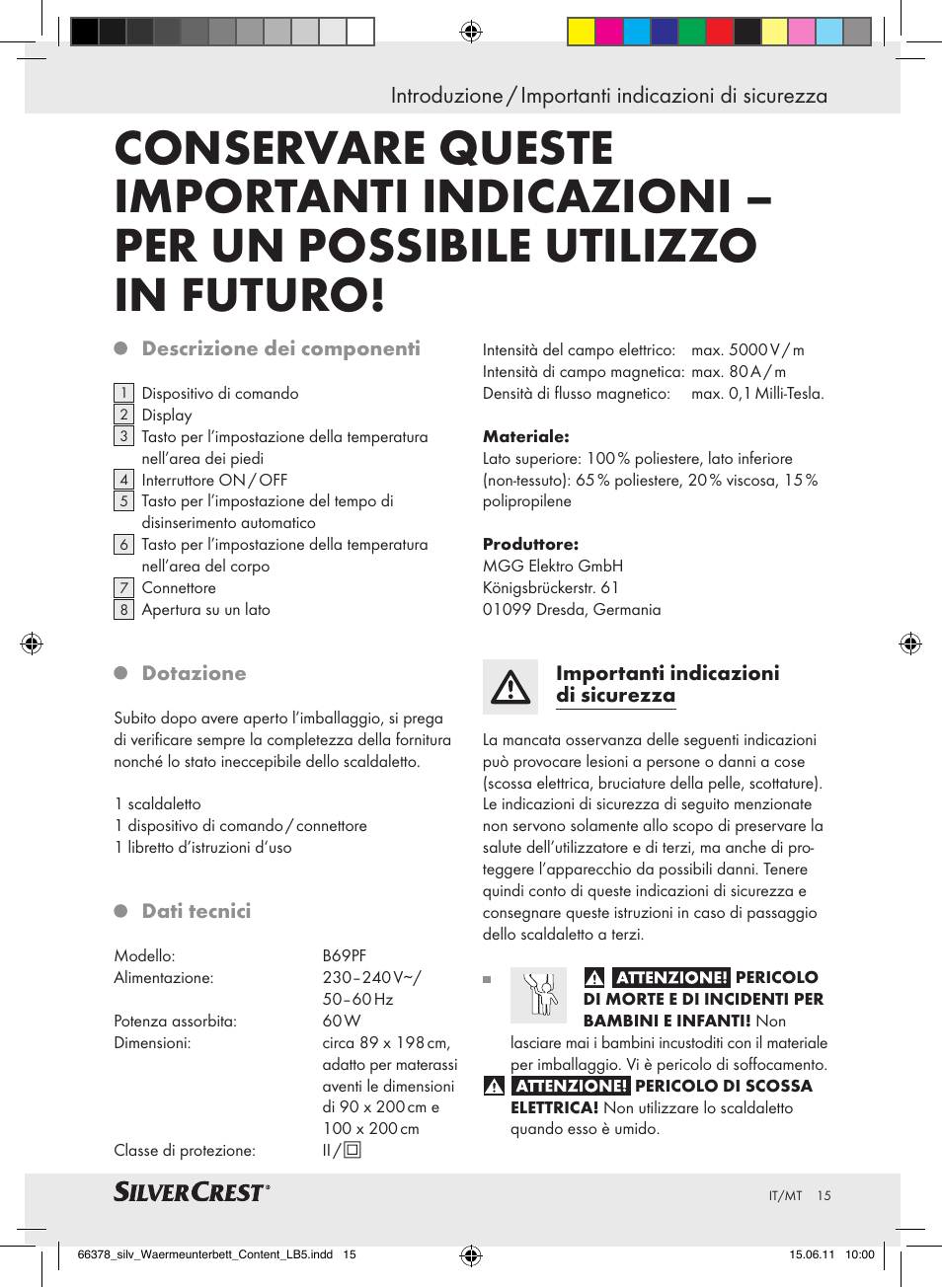 Introduzione / importanti indicazioni di sicurezza | Silvercrest Luxury Heated Mattress Pad User Manual | Page 11 / 40