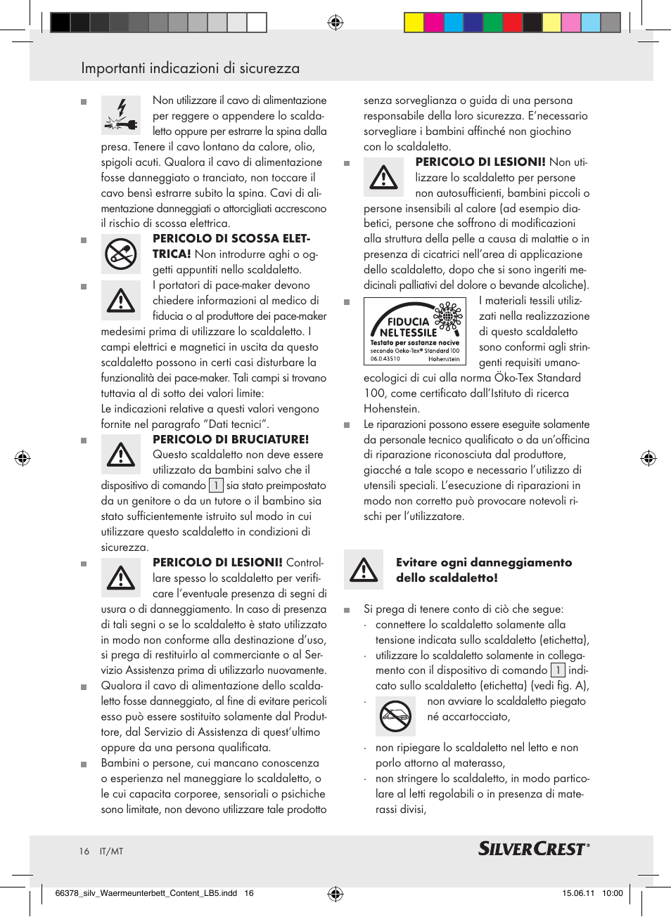 Importanti indicazioni di sicurezza | Silvercrest Luxury Heated Mattress Pad User Manual | Page 12 / 40