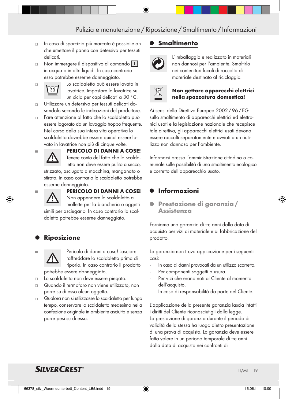 Riposizione, Smaltimento, Informazioni prestazione di garanzia / assistenza | Silvercrest Luxury Heated Mattress Pad User Manual | Page 15 / 40
