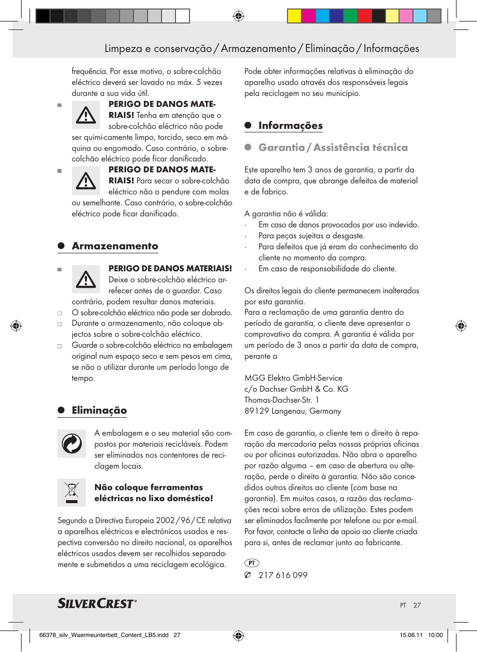 Armazenamento, Eliminação, Informações | Garantia / assistência técnica | Silvercrest Luxury Heated Mattress Pad User Manual | Page 23 / 40