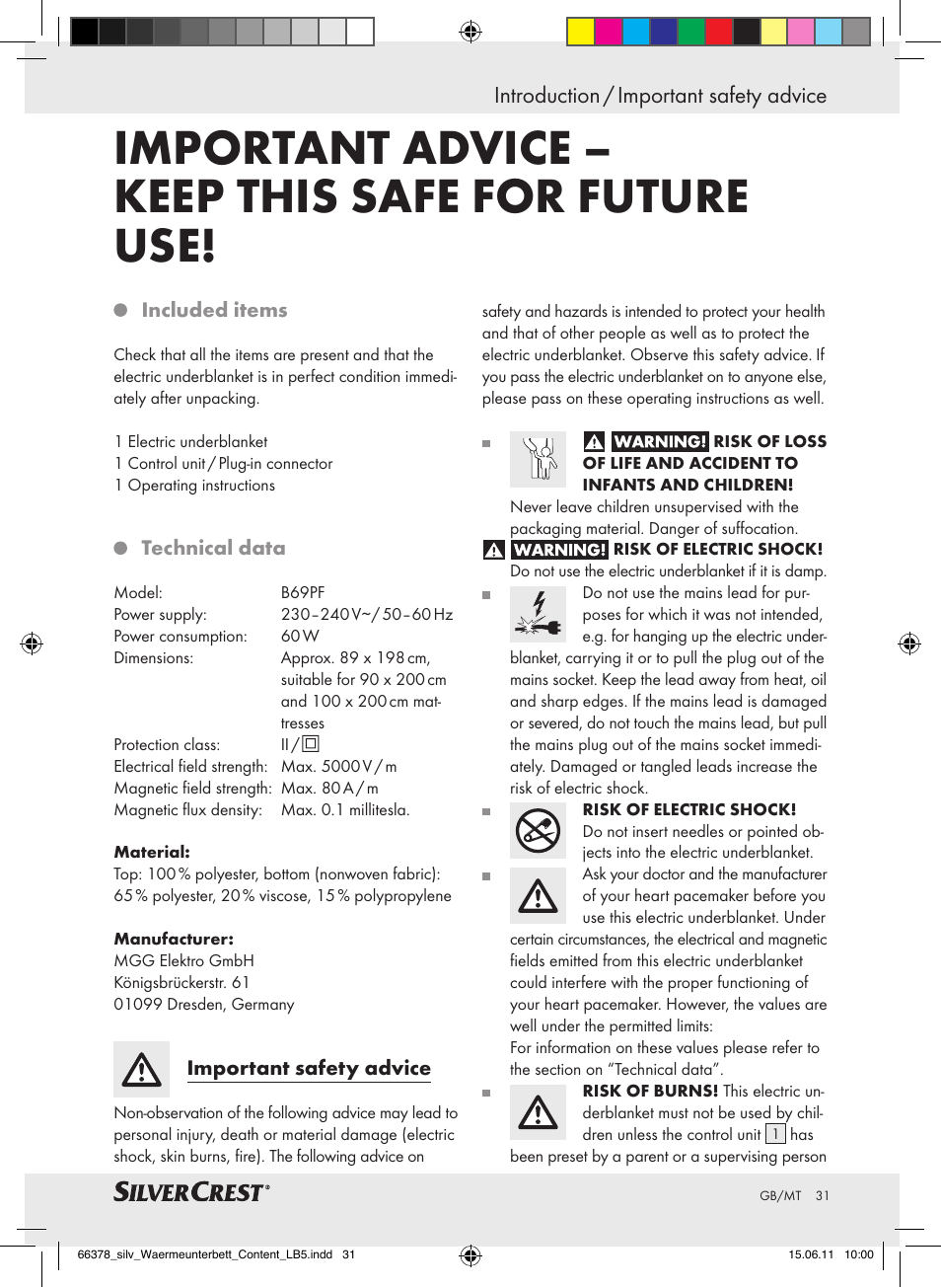 Important advice – keep this safe for future use, Introduction / important safety advice | Silvercrest Luxury Heated Mattress Pad User Manual | Page 27 / 40