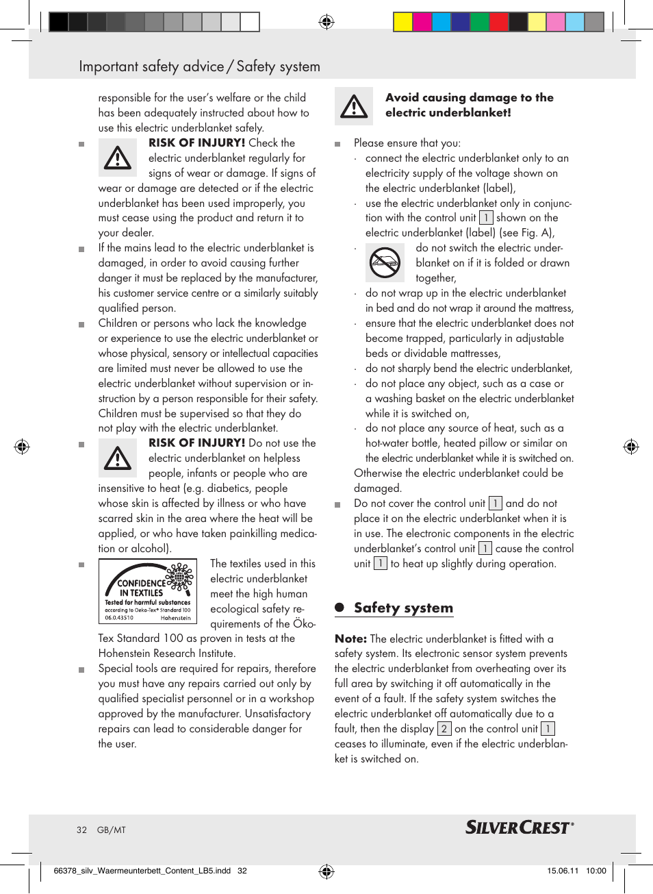 Important safety advice / safety system, Safety system | Silvercrest Luxury Heated Mattress Pad User Manual | Page 28 / 40