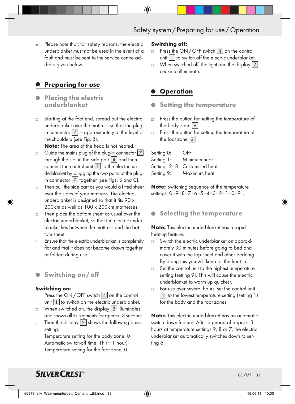 Safety system / preparing for use / operation, Switching on / off, Operation setting the temperature | Selecting the temperature | Silvercrest Luxury Heated Mattress Pad User Manual | Page 29 / 40