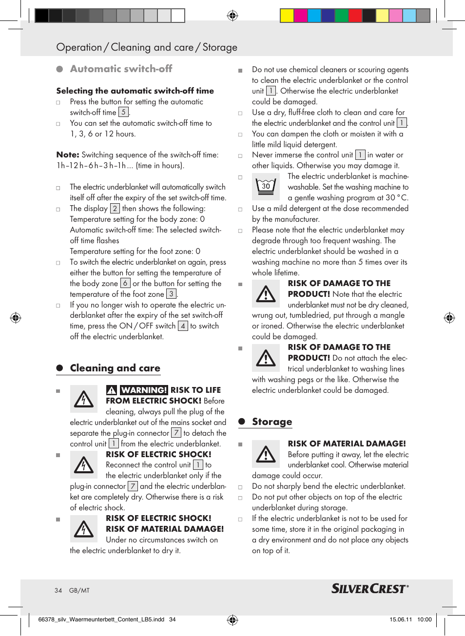 Operation / cleaning and care / storage, Automatic switch-off, Cleaning and care | Storage | Silvercrest Luxury Heated Mattress Pad User Manual | Page 30 / 40
