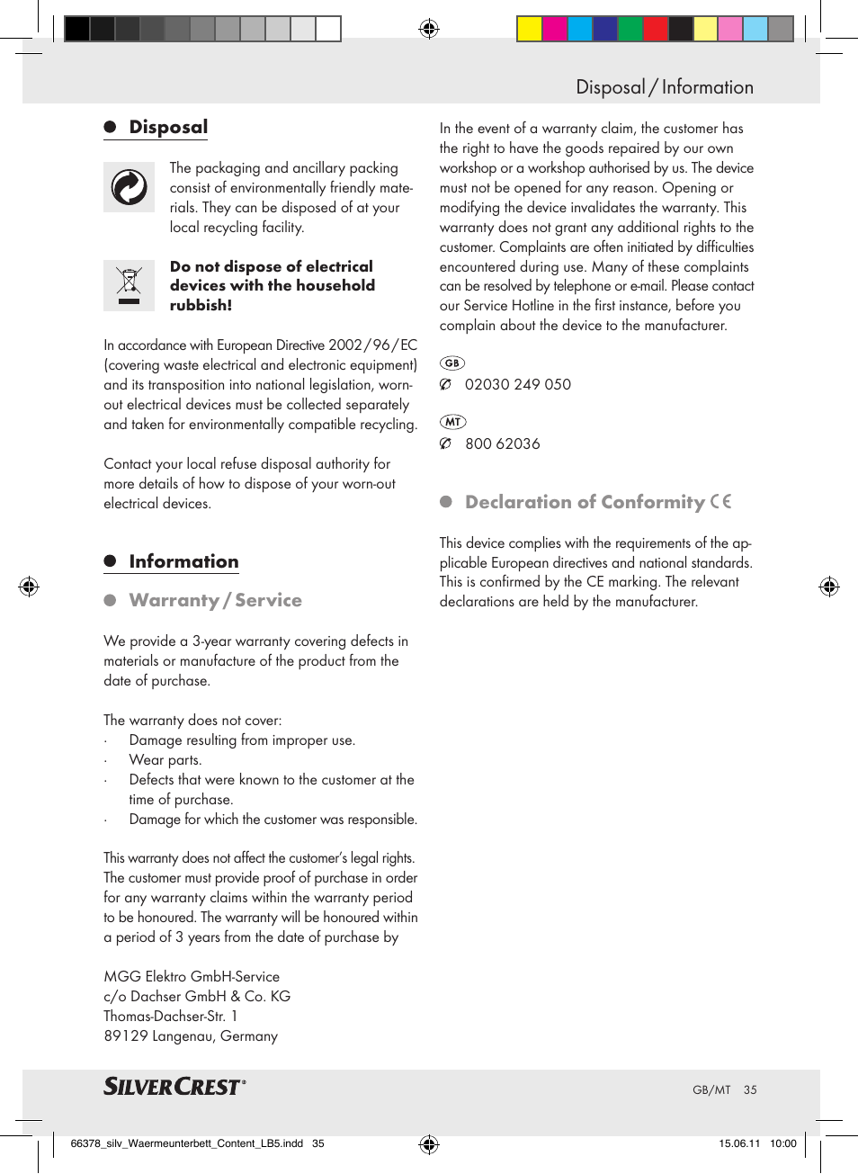 Disposal / information, Disposal, Information warranty / service | Declaration of conformity | Silvercrest Luxury Heated Mattress Pad User Manual | Page 31 / 40