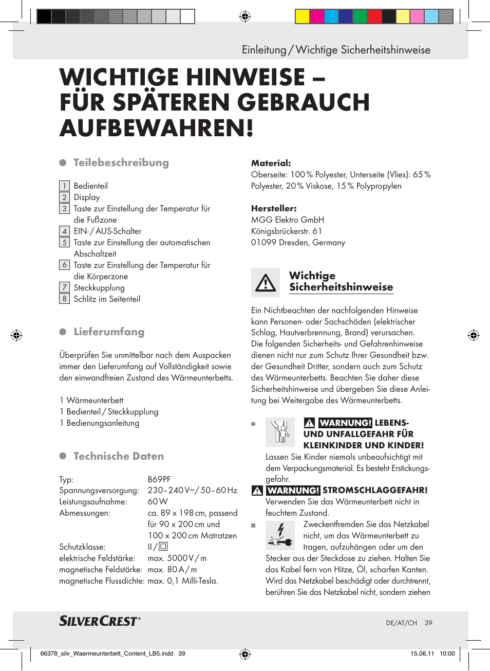 Einleitung / wichtige sicherheitshinweise | Silvercrest Luxury Heated Mattress Pad User Manual | Page 35 / 40