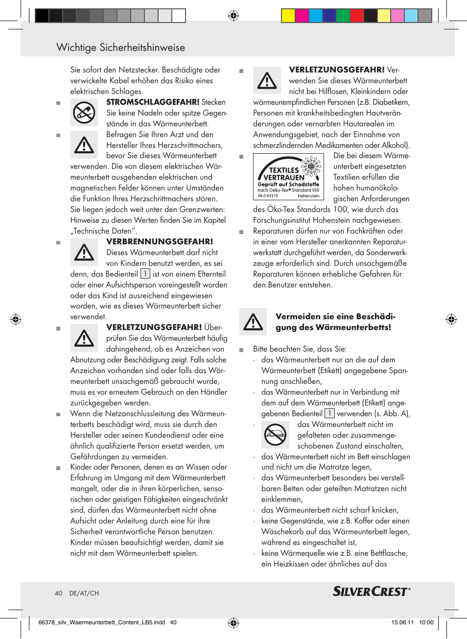 Wichtige sicherheitshinweise | Silvercrest Luxury Heated Mattress Pad User Manual | Page 36 / 40