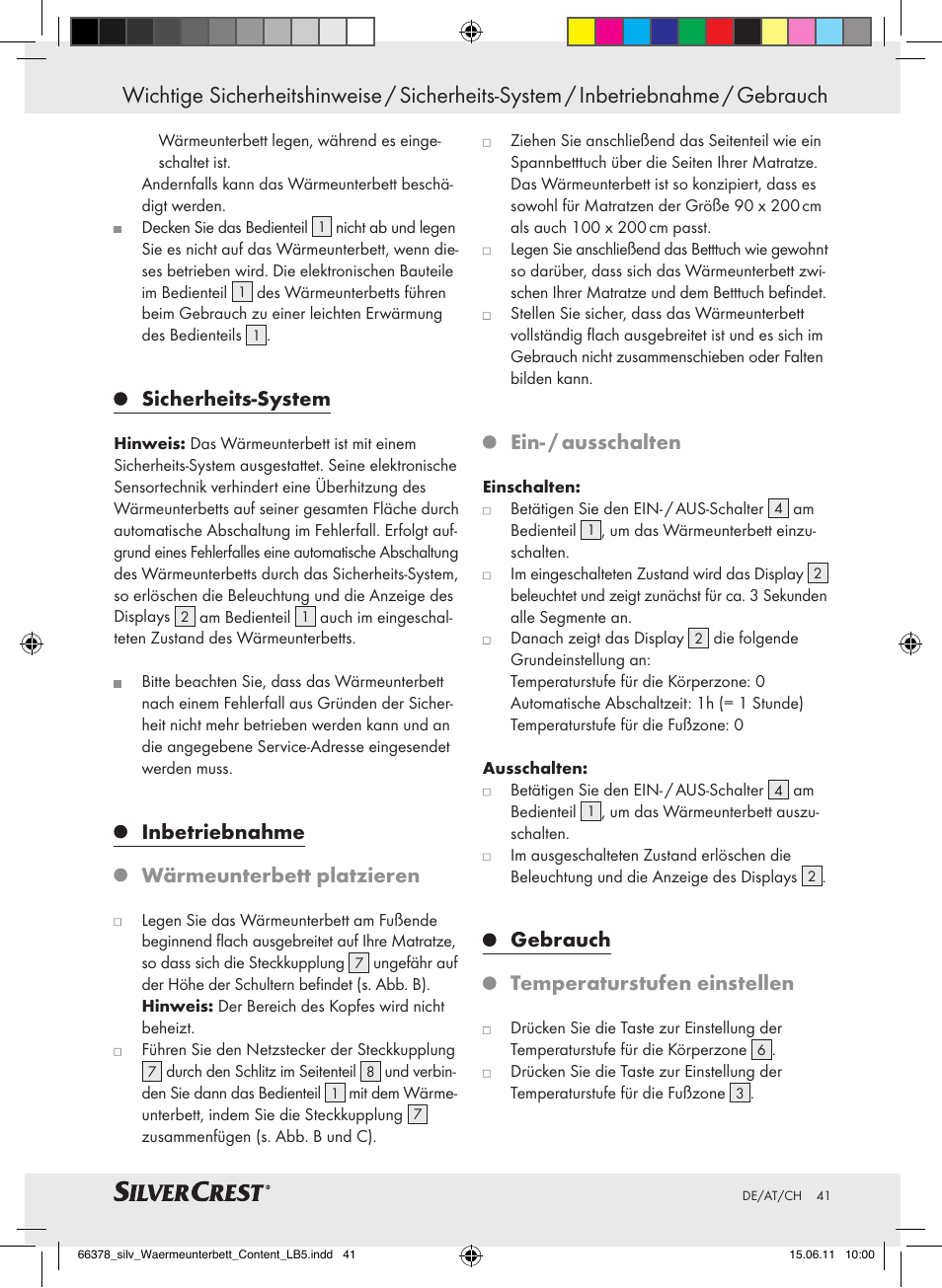 Sicherheits-system, Inbetriebnahme wärmeunterbett platzieren, Ein- / ausschalten | Gebrauch temperaturstufen einstellen | Silvercrest Luxury Heated Mattress Pad User Manual | Page 37 / 40