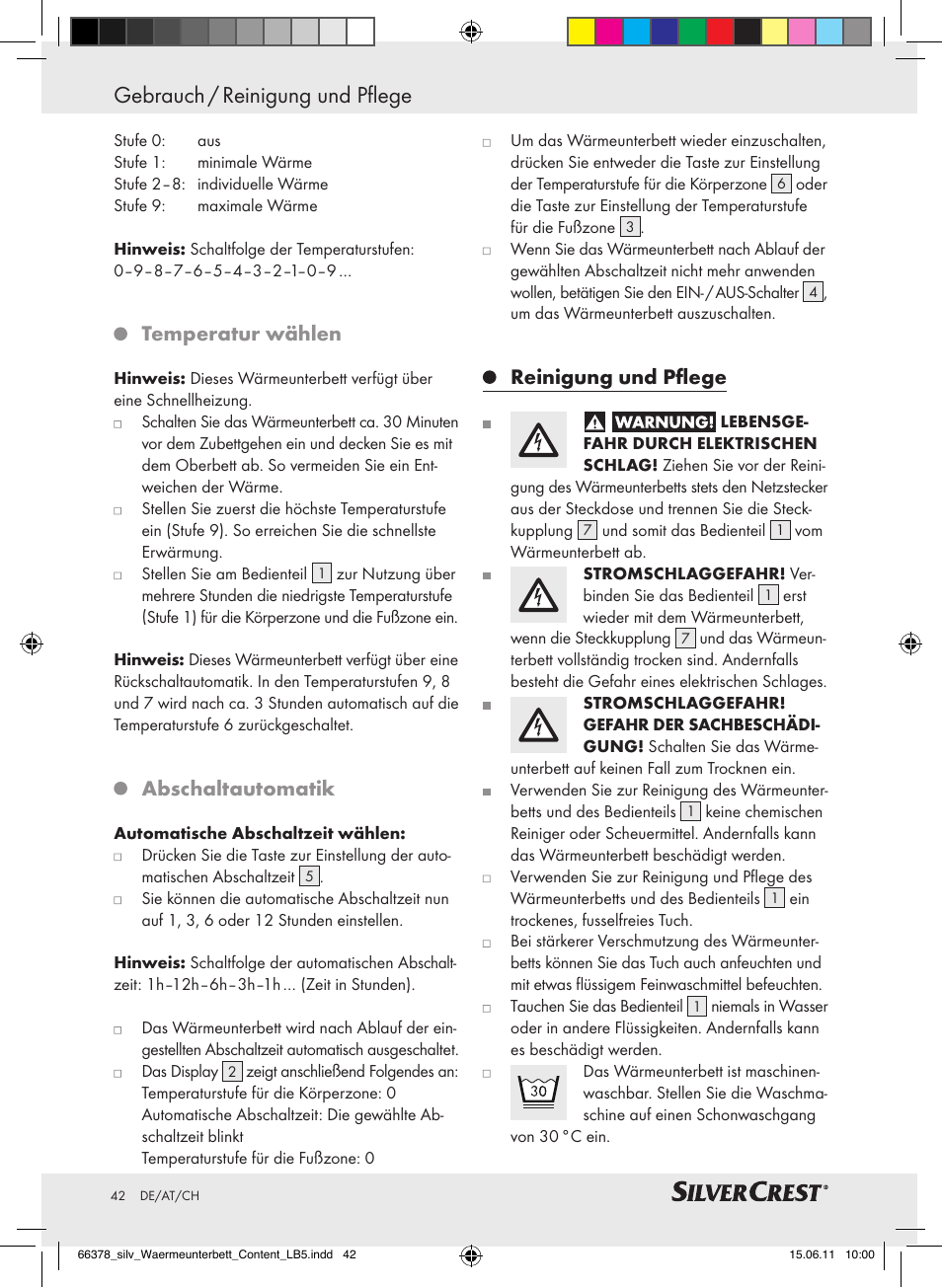 Gebrauch / reinigung und pflege, Temperatur wählen, Abschaltautomatik | Reinigung und pflege | Silvercrest Luxury Heated Mattress Pad User Manual | Page 38 / 40