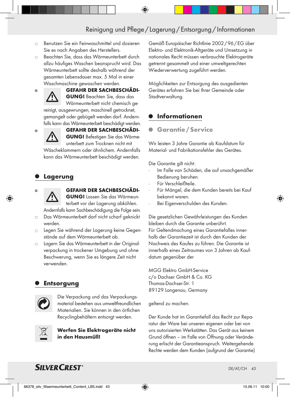 Lagerung, Entsorgung, Informationen garantie / service | Silvercrest Luxury Heated Mattress Pad User Manual | Page 39 / 40