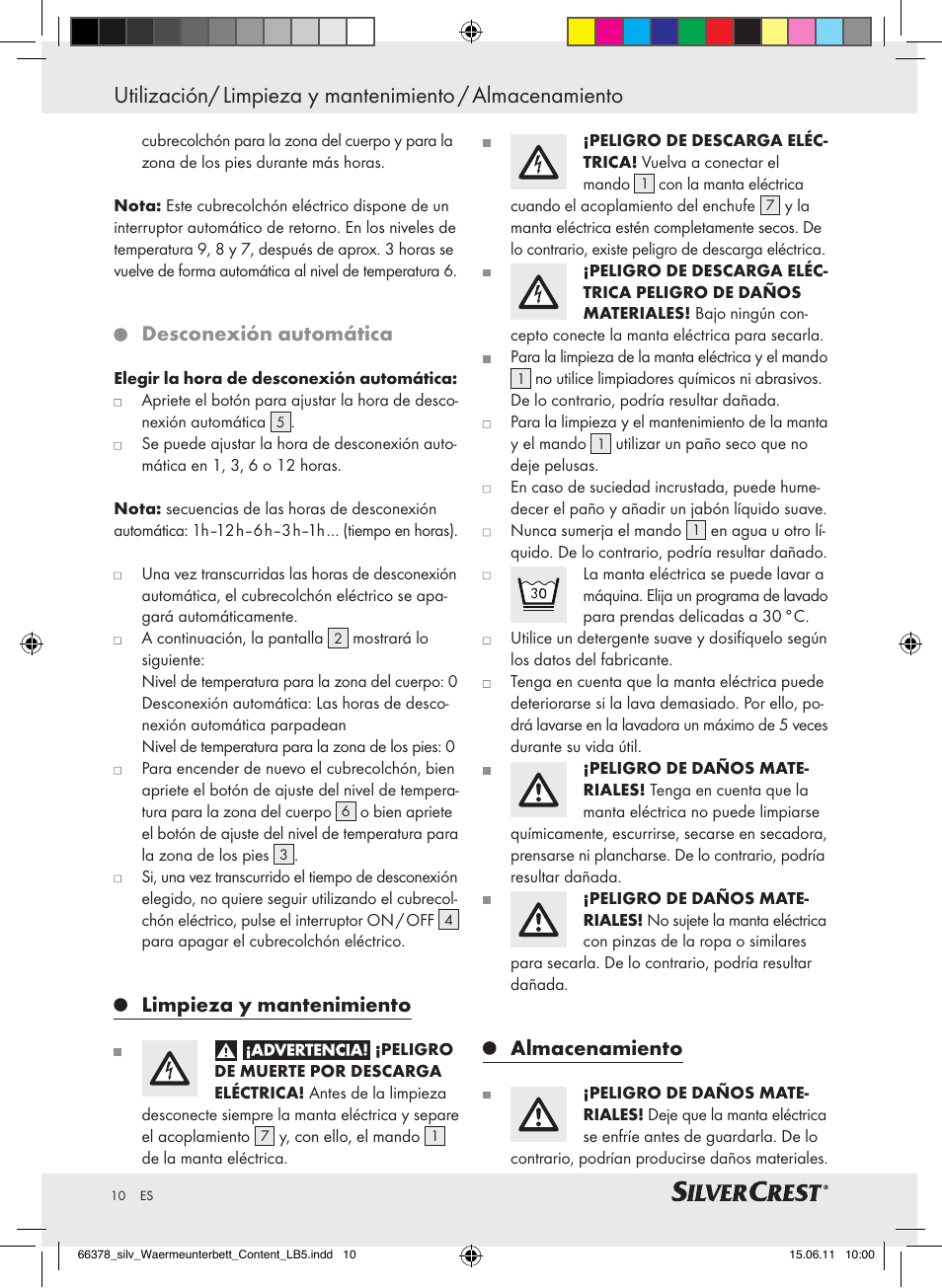 Desconexión automática, Limpieza y mantenimiento, Almacenamiento | Silvercrest Luxury Heated Mattress Pad User Manual | Page 6 / 40